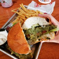 Green monster, gluten free bun and vegan mayo! Yum at OMG Burgers & Brew in Long Valley