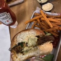 curry lentil burger. very falafely good with hummus and vegan siracha mayo  at OMG Burgers & Brew in Long Valley