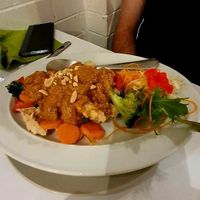 Delicious mock Chicken with vegetables and peanut sauce at Lahn Thai in Sherwood