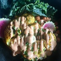 Cauliflower steak over sweet potato  at Wye Hill in Raleigh