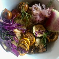 Vegan risotto and roasted veggies  at Wye Hill in Raleigh