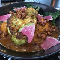 Cauliflower steak with Moroccan sweet potato very yummy at Wye Hill in Raleigh