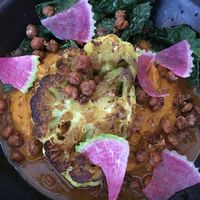 Cauliflower steak with Moroccan sweet potato very yummy at Wye Hill in Raleigh