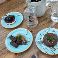 Blueberry cheese cake, Chocolate cake with a raspberry core, Bounty's, brownie truffle, peanutbutter truffle at Donna Vegana in Mallorca