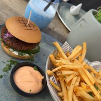 Blue iced Latte and Burger 🍔  at Donna Vegana in Mallorca