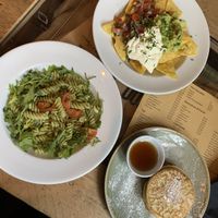 Vegan pesto pasta, vegan nachos, vegan pancakes  at No. 18 Coffee House in Tamworth