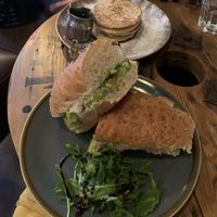 Avocado salad baguette & pancakes with a pot of maple syrup  at No. 18 Coffee House in Tamworth