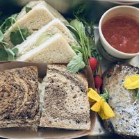 One of my favorite meals thus far. The English Tea sampler with vegan blue cheese cream cheese sandwiches, vegan egg salad on rye, and a scone with strawberry preserves ❤️  at Planted Table in Oakland