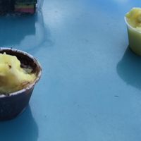 A cup of dark chocolate and one of limoncello, mixed together for a taste treat    at Geneva Gelato in Geneva