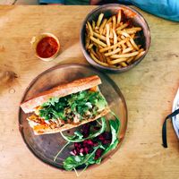 Delicious mushroom banh mi and fries  at Boulenc in Oaxaca