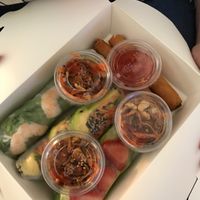 Shrimp-avocado spring roll, spicy carrot spring roll, and avocado-strawberry spring roll, plus two vegan fried rolls.  at Goi Cuon in San Diego