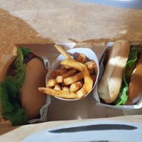 Can't even see the mock chicken pattie.. at Henry's Burgers in Fitzroy