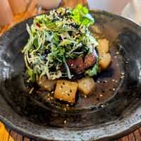 Vegan version of buttered mushrooms with noodles. The noodles are the pieces at the bottom. 22 June 2025. at Mudbar in Launceston