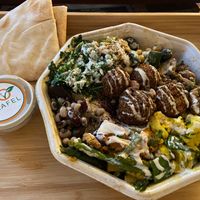 Falafel and salad box with extra tahini and aubergine  at Go Falafel in Liverpool