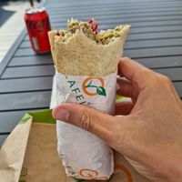 Aubergine wrap with falafels, hummus, aubergine, and all the salad/potato/sauce etc at Go Falafel in Liverpool