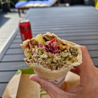 Aubergine wrap with falafels, hummus, aubergine, and all the salad/potato/sauce etc at Go Falafel in Liverpool