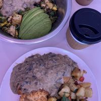 Biscuits & gravy on the bottom, loaded breakfast bowl on top.   at Erin McKenna's Bakery in Santa Monica