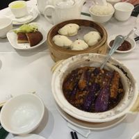 eggplant and steamed buns with goose at M Garden Vegetarian 常悅素食 in Kowloon