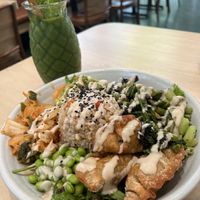 Dumpling bowl with green giant smoothie, yum 😋   at Home Vegan Bar in Docklands