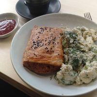 Sausage roll, cheesy broccoli salad & Golden latte at Home Vegan Bar in Docklands