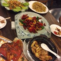 Sichuan style tofu (half eaten by the time I took the photo); diced mushrooms, water chestnuts and pine nut lettuce wraps; soy sauce noodles; hedgehog mushrooms; baked aubergine at Pure Veggie House 心齋 - Xīn Zhāi in Kowloon