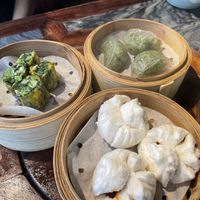 Lunch dim sum menu selections - siu mai, emperor vegetable dumplings, char siu bao  at Pure Veggie House 心齋 - Xīn Zhāi in Kowloon