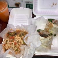 Mushroom wrap and spaghetti with tomato and almond sauce, papaya with a hint of ginger juice (it is really good!) at NewLife Natural Vegetation Cell Food in Nassau