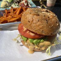 How’s made Lentil/ mushroom burger with house made cashew cheese with avocado house made chipotle mayo, lettuce and tomato   at Turf Surf & Earth in Somerville