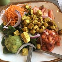 Sautéed tofu over rice and greens  at Turf Surf & Earth in Somerville