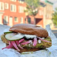 El verde chicken sandwich with vegan chikn at Turf Surf & Earth in Somerville