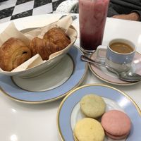 Strawberry latte, macaroons, croissants  at Ladurée in Beverly Hills