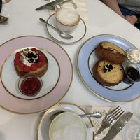 Capuccino, Matcha Latte, French Laduree and classic toast at Ladurée in Beverly Hills