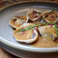 Raviolis con trompetas de la muerte y tofu con crema de cebolla.  at Te Quiero Verde in Barcelona