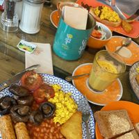 Vegan breakfast , I had extra mushrooms also pictured tofu scramble on toast   at Scoff Troff Cafe in St Ives