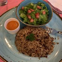 Gallo pinto with fried eggplant and salad at Pico Feliz in Samara