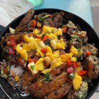 Mango rice bowl and black bean burger substitute  at Pedal Pushers Cafe in Lanesboro