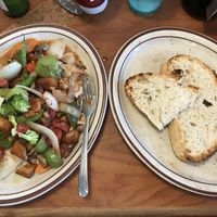 Yummy breakfast!! Sautéed veggies and potatoes with homemade fire roasted salsa on top and a side of homemade sourdough bread and jam.  at The Sunset Cafe in Cle Elum