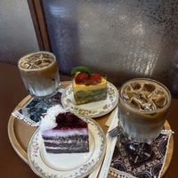 Café Latte, Raspberry cake and Basil cake~  at Cafe La Moire in Jeonju