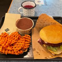 Chili burger, sweet fries, tiramisu, and raspberry soda at Swing Kitchen - Laupenstraße in Bern
