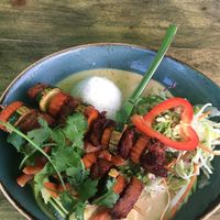 grilled vegan tofu vegetable sticks with peanut sauce and rice at Unami in Teltow