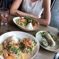 Right: spring roll with tofu and veggies; her meal:  seitan, my meal: tofu, both with veggies, salad, rice and peanutsauce at Unami in Teltow