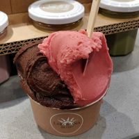 Chocolate, raspberry and berry stracciatella (not visible) at Gelateria La Romana in Parma