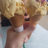 Vegan peach ice cream with raspberry sauce at Minchella & Co - Sea Road in South Shields