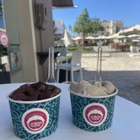Both vegan:  chilli chocolate and cinnamon cookie ice cream   at I Scream  in Kefalonia