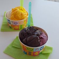 Papya and lemon, and chocolate and fruits of the forest. at I Scream  in Kefalonia