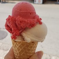 Ice Cream, Flavours Banana and Raspberry at Porto Bello Ice Caffe in Rovinj