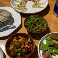 Kung pao, vegan pork n pepper, sausage and string pea, rice in leaf and crepe style savoury bread at A Lotus on the Water 清水荷花 - 文殊坊店 in Chengdu
