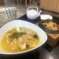 Clay pot and mushroom, noodle and bean stew at A Lotus on the Water 清水荷花 - 文殊坊店 in Chengdu