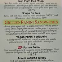Vegan panini Portabello. Perhaps the plum rice wrap is also vegan but it is not indicated on the menu. at Urth Caffe in Santa Monica