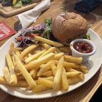 Vegan burger and chips  at Fishermans Return in Great Yarmouth